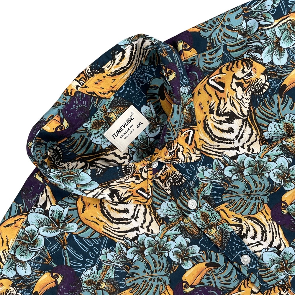 Tunevuse Shirt Mens‎ 4XL Blue Tiger Toucan Floral Print Short Sleeve Button-Down